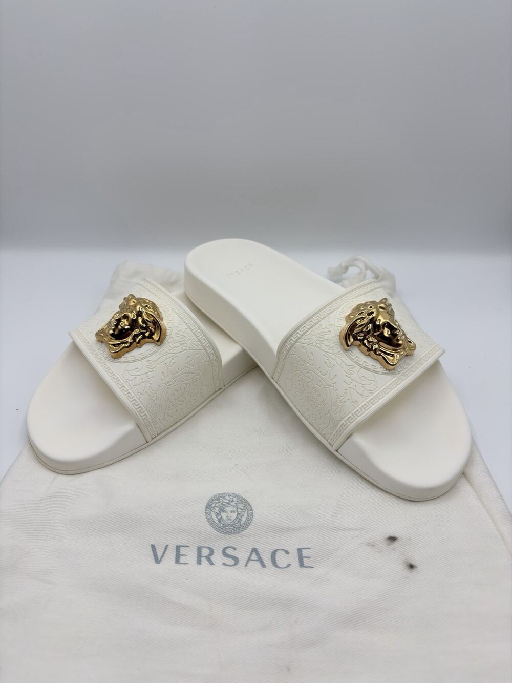 Versace Palazzo Medusa Head Slide Sandals White Gold Women Size 37 US 7 Italy
